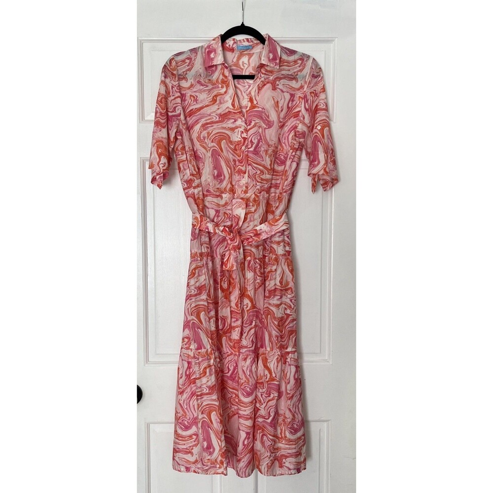 J McLaughlin Maxi Dress Small Orange Swirl Tiered Belted Collar Silk Cotton Prep